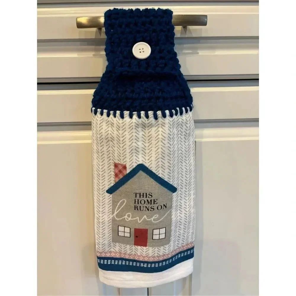 Crochet Top Kitchen Towel- This home runs on love 1 blue topper 1 gray topper